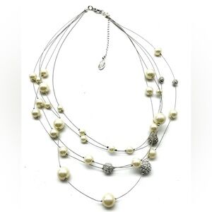 Ann Taylor Factory Five Strand Station Necklace Faux Pearls Rhinestone Balls